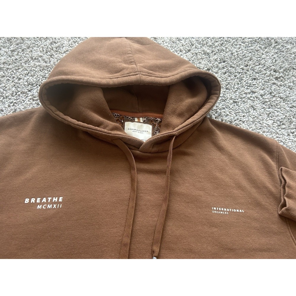 Denim & Flower Women's Large Brown Pullover Hoodie "Breath MCMXII" Text